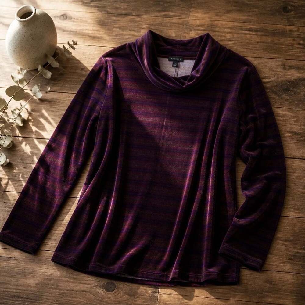 Talbots Women's Luxe Velour Cowlneck Striped Purple Long Sleeve Top Large